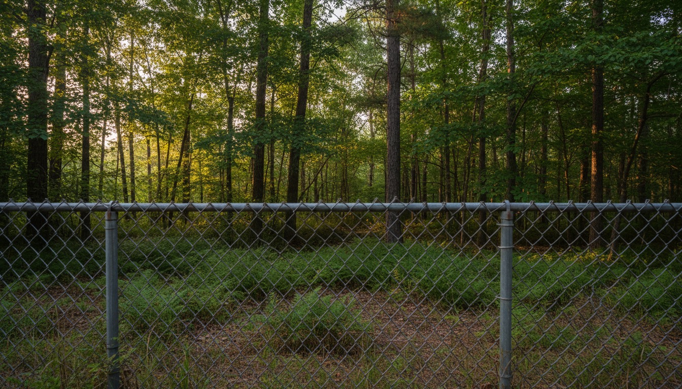 Healthy mature forest viewed through a chain-link fence, morning light filtering through the canopy