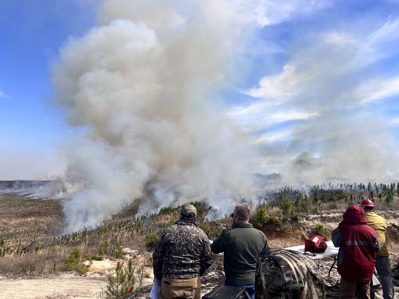 Attendees watching the prescribed burn from an overlook as smoke rises across the landscape