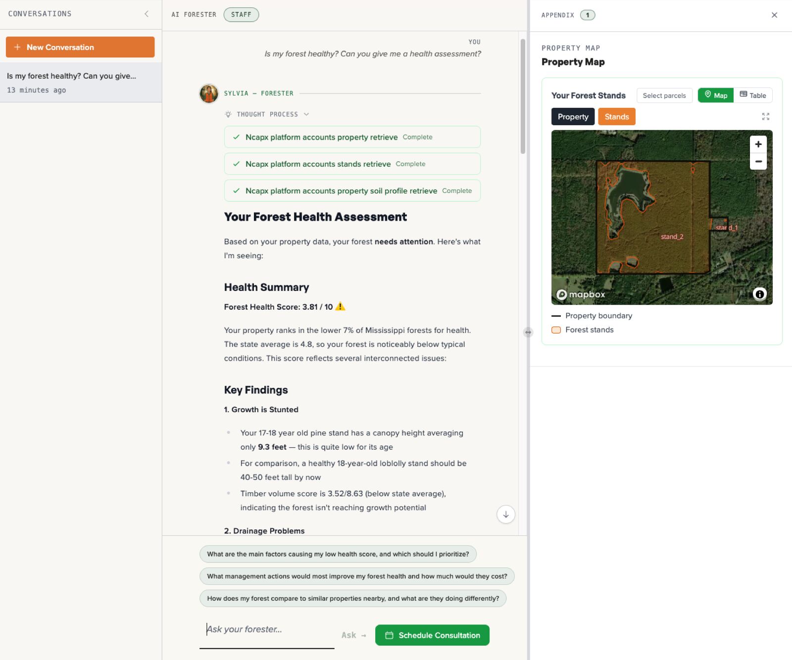 Sylvia providing a forest health assessment with a health score, key findings, and a property map showing forest stands
