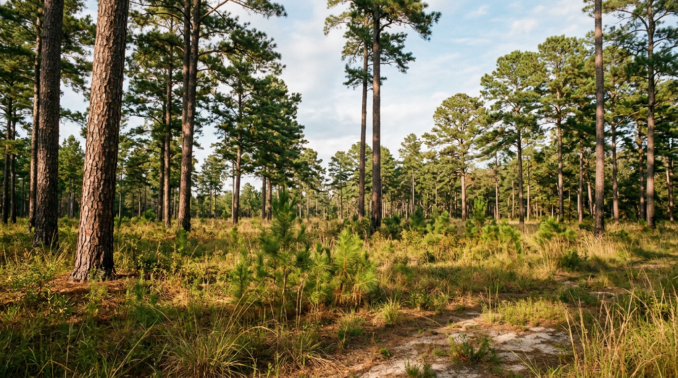 Open pine stand with widely spaced mature seed trees and young pine seedlings regenerating in the understory