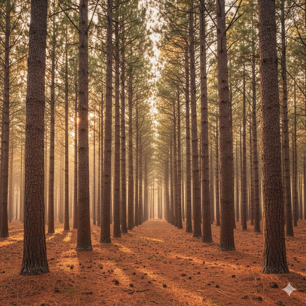 Rows of mature loblolly pine trees with golden morning light filtering through the canopy
